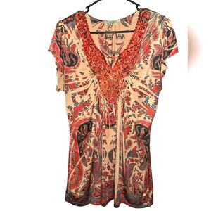 One World Blouse with lace and bead embellishments, feels like satin! Large